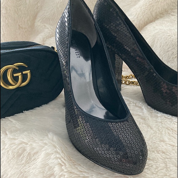 Nine West Devika Black Sequin Block Heel Sz. 8.5 - Picture 2 of 10